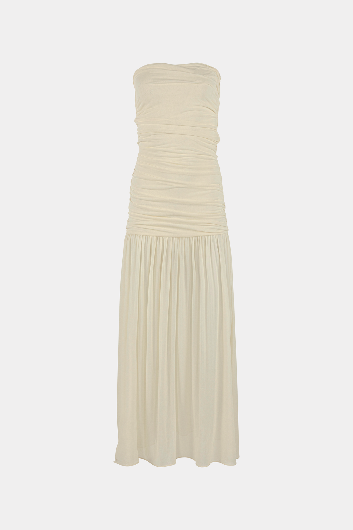 Beige strapless dress on a light beige background