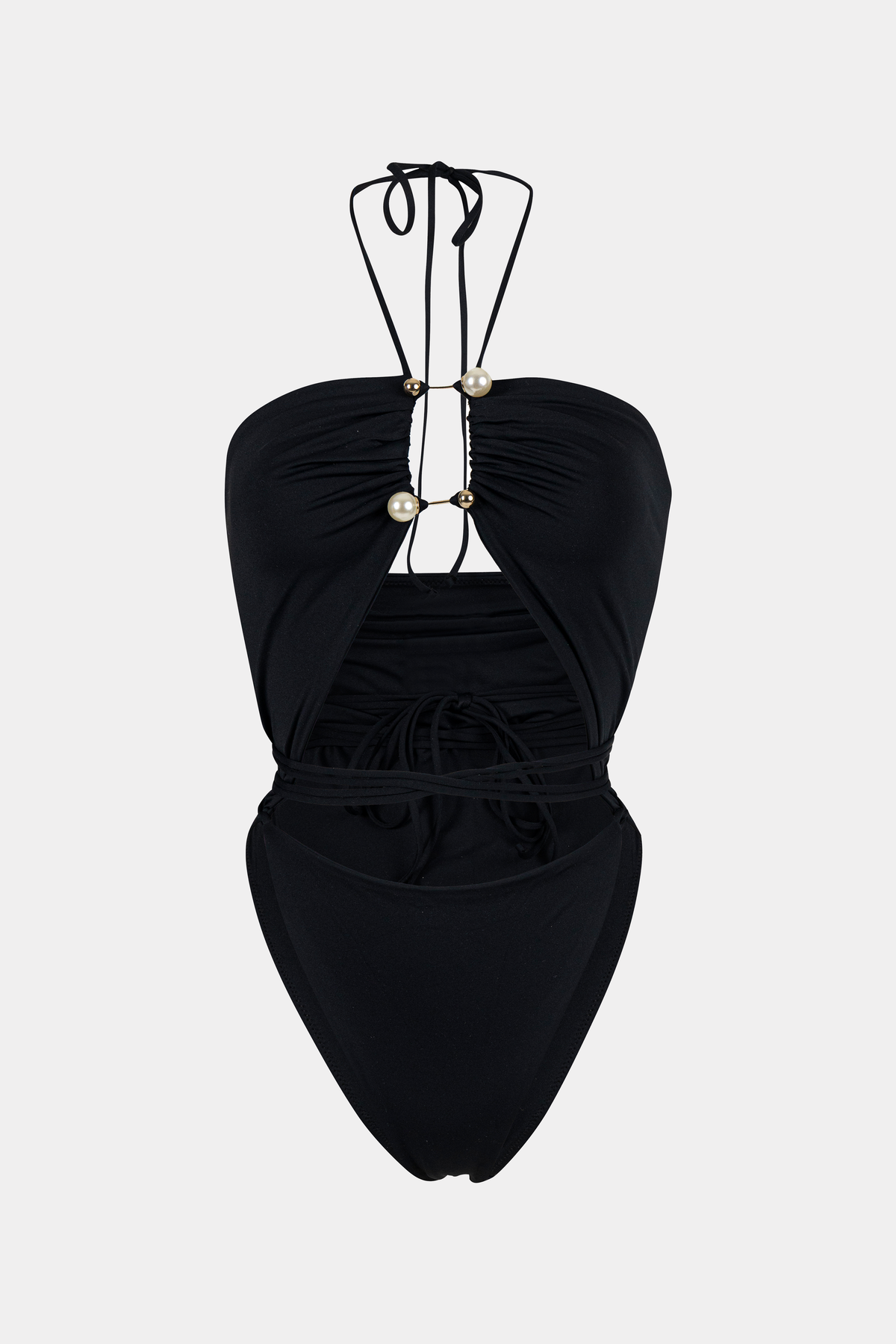 Black strapless dress with pearl embellishments on a light gray background