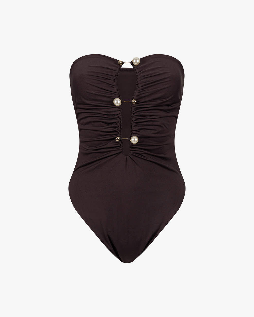 Brown strapless swimsuit with pearl-like buttons on a white background
